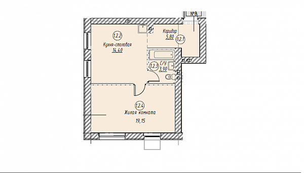 Квартира 1-комн., 43.25 м²